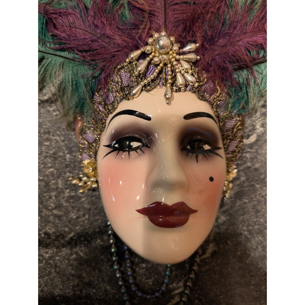 Signed & Numbered Vintage Art Deco Flapper Lady Wall Mask Porcelain Feather Bead